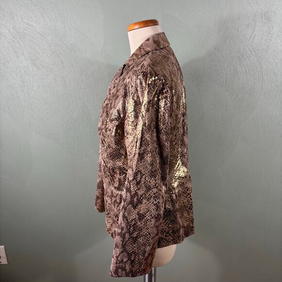 Chico's Women's Size 1 Medium Gold Metallic Luxe Snakeskin Ruched Ruffle Jacket - Picture 3 of 12